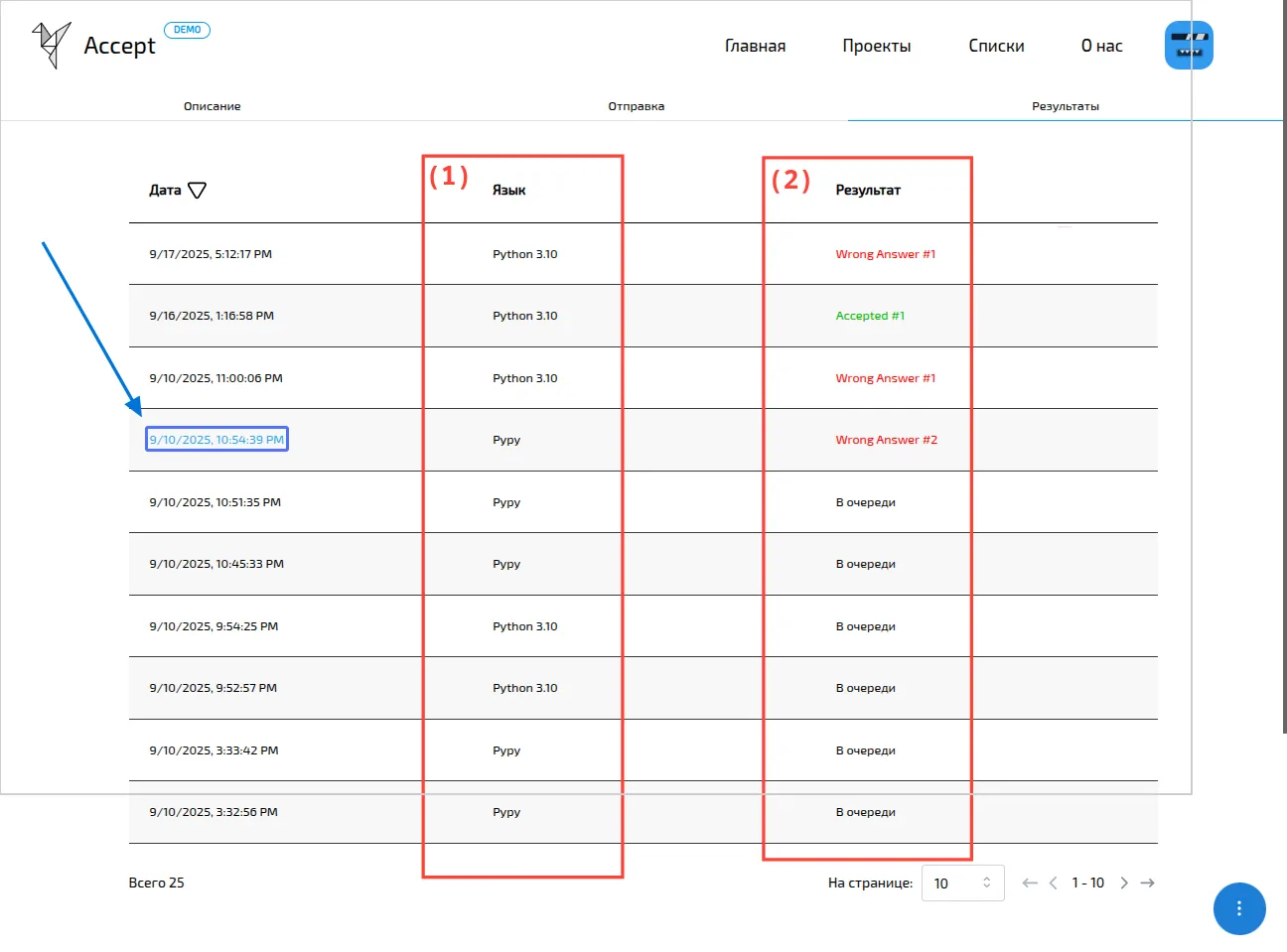 Вкладка результатов